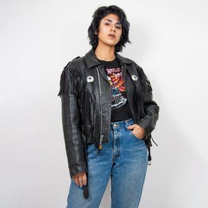 90s black fringe leather jacket with concho details 38 s small m medium / motorc
